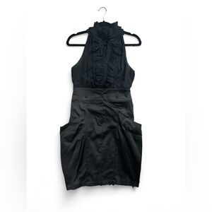 Black satin dress with contemporary flare cut and fit with pockets